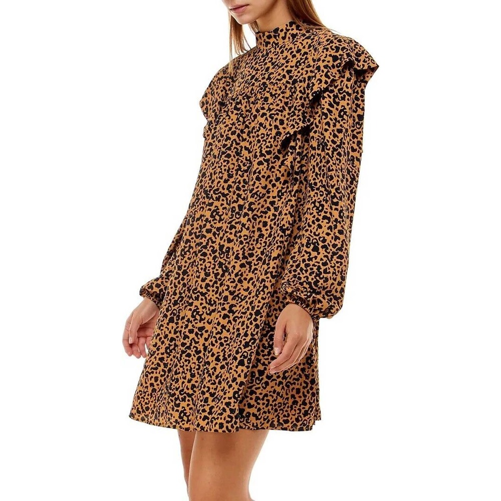 NWT WAYF Womens Pierce Leopard Long Sleeve Mini Dress Small Mock Neck Pockets